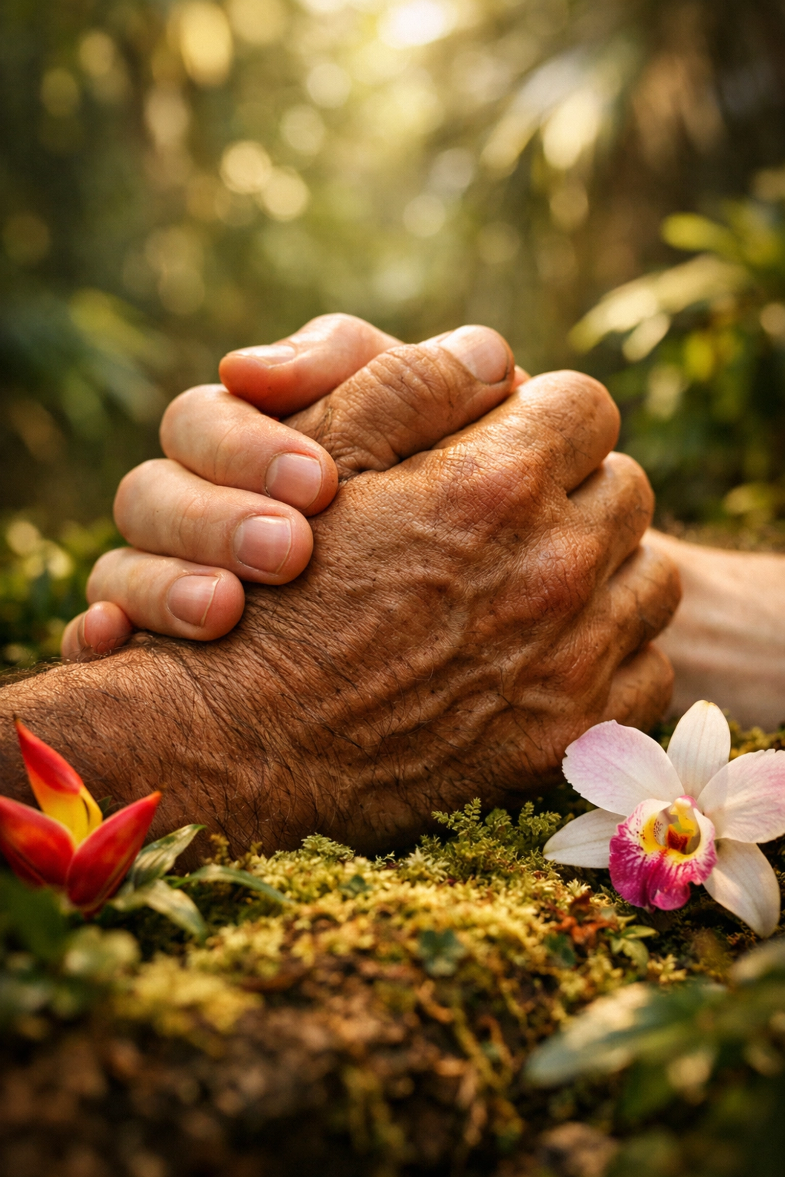 Two men's clasped hands in jungle - MM romance symbolizing connection and trust