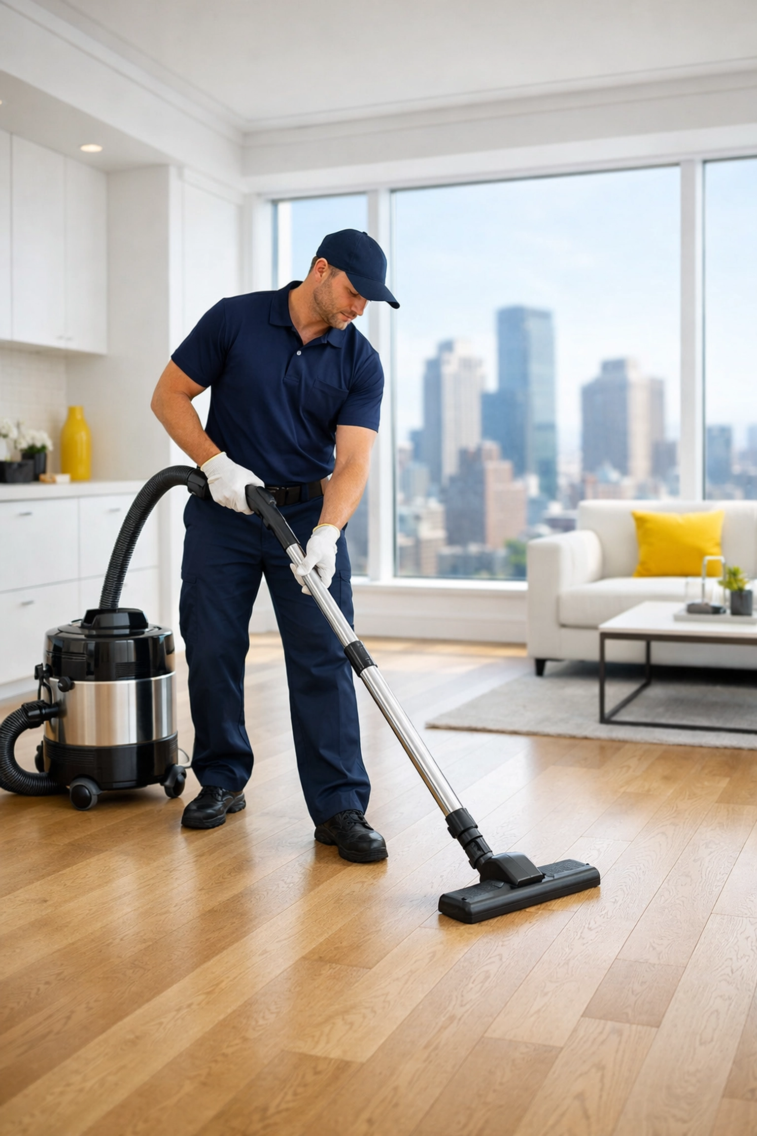 Professional cleaner using a HEPA vacuum for post-construction cleaning in a luxury Boston apartment.