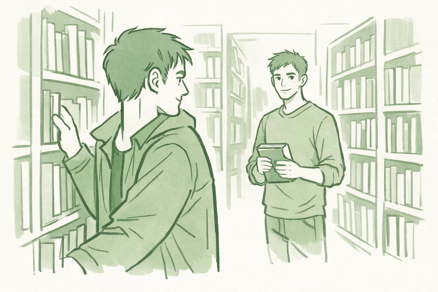 Two gay men making eye contact across bookstore - MM romance moment of recognition