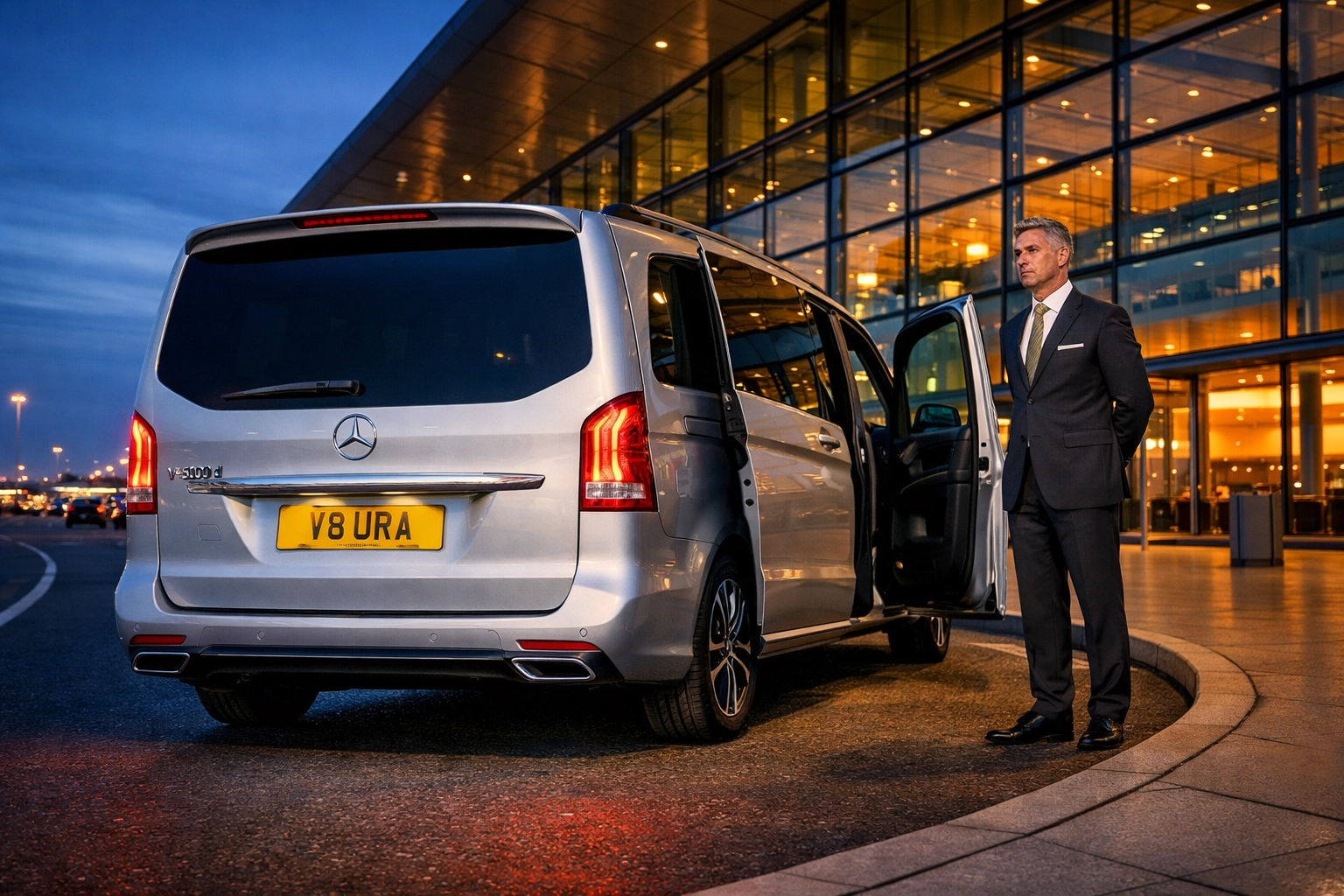 Reliable Lincoln airport transfer in a Mercedes-Benz V-Class with a professional chauffeur at the terminal.