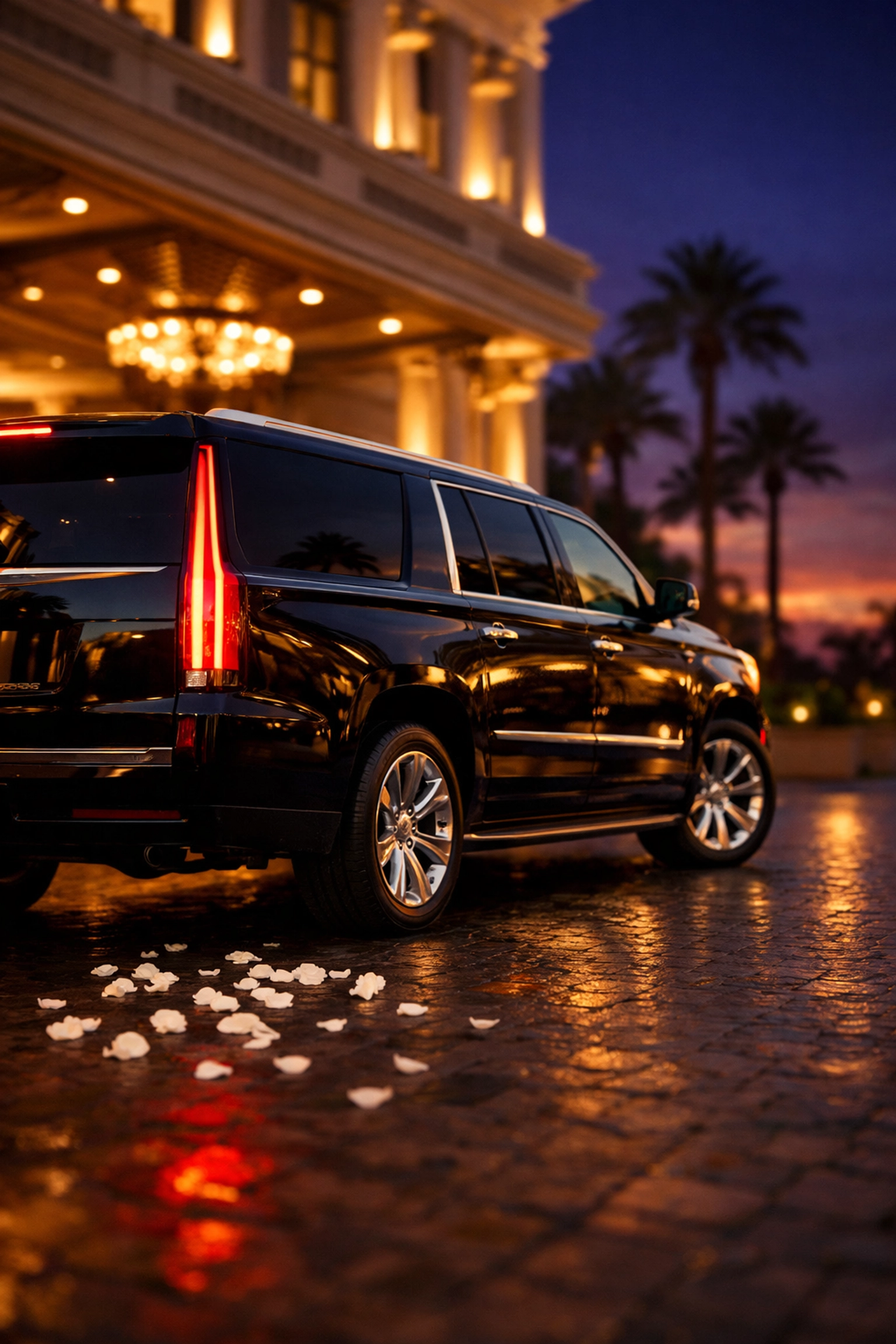 A black Cadillac Escalade ESV providing luxury wedding transportation service for a grand exit at twilight.