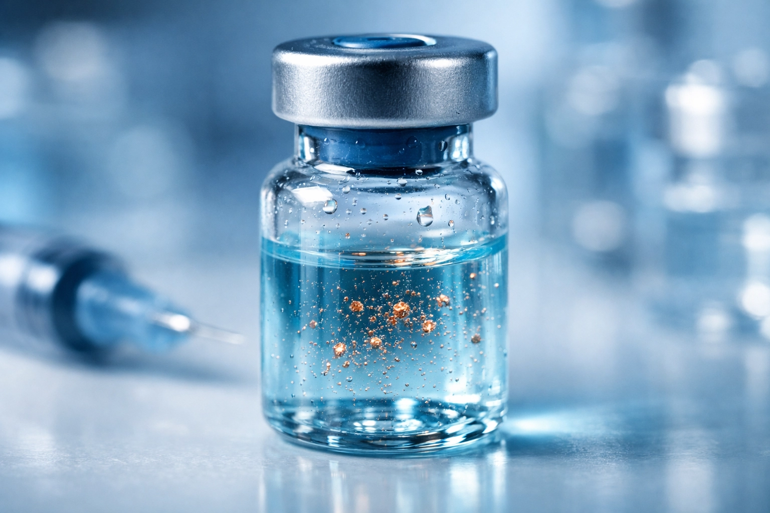 Sterile injectable vial in a cool blue clinical setting representing GHK-Cu peptide therapy