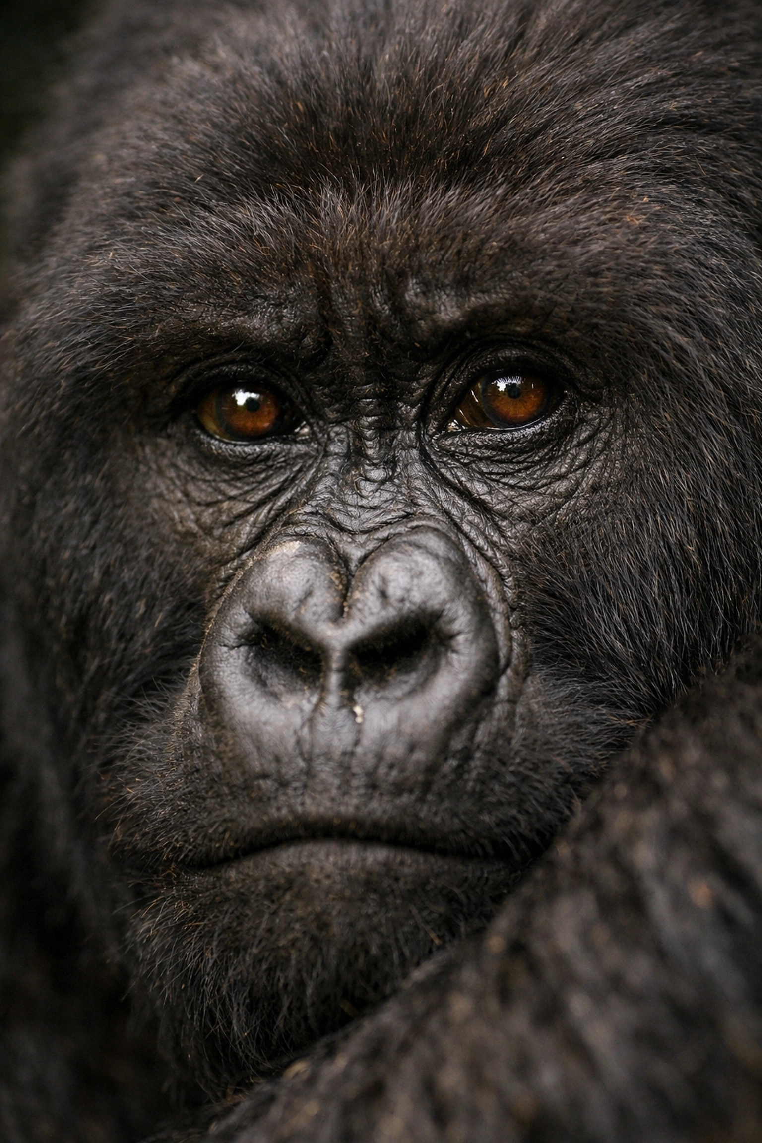 Intimate portrait of a mountain gorilla's face, showing how detailed wildlife photography creates connection.
