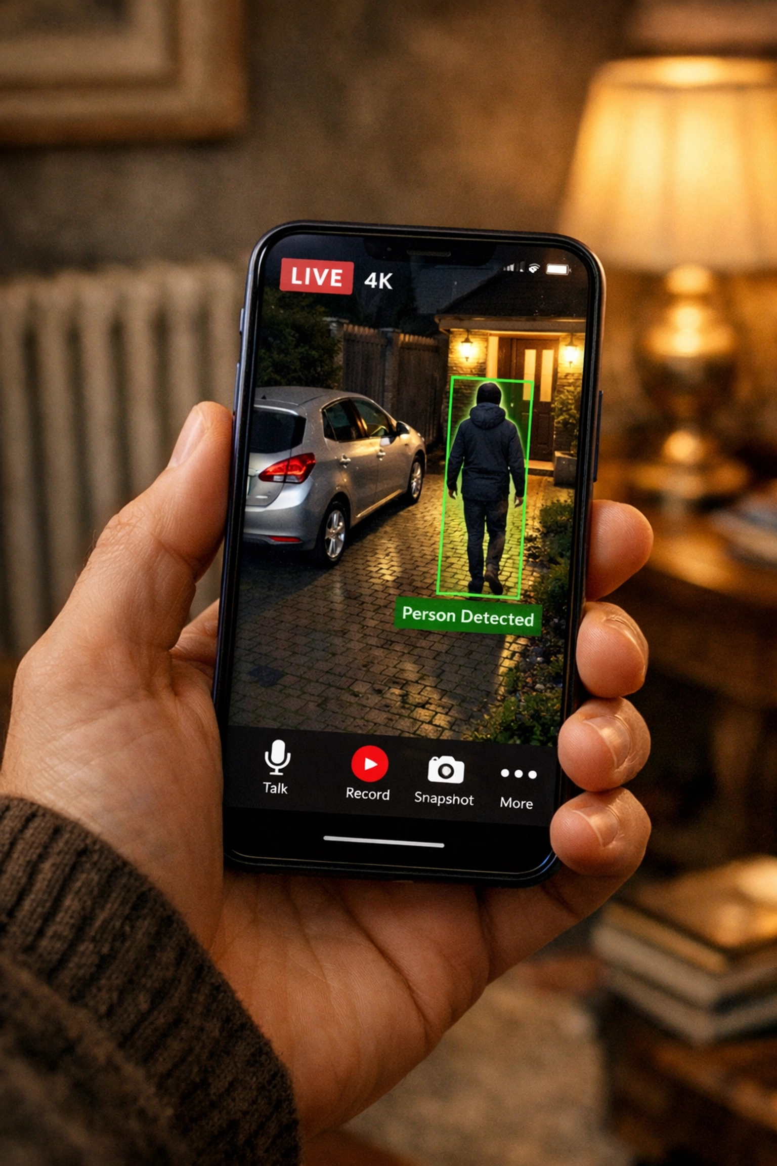 Smartphone showing high-definition live security camera footage of a residential driveway.