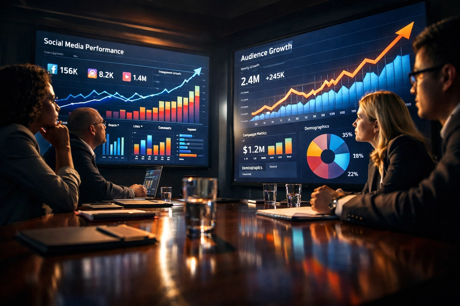 Marketing executives analyzing Super Bowl ROI data and social media engagement metrics on screens