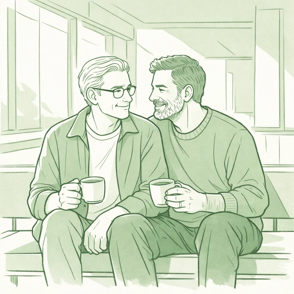 Two mature men sharing coffee and intimate conversation - MM romance connection later in life