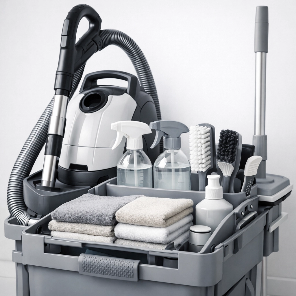 Organized professional cleaning supplies and equipment for apartment turnovers