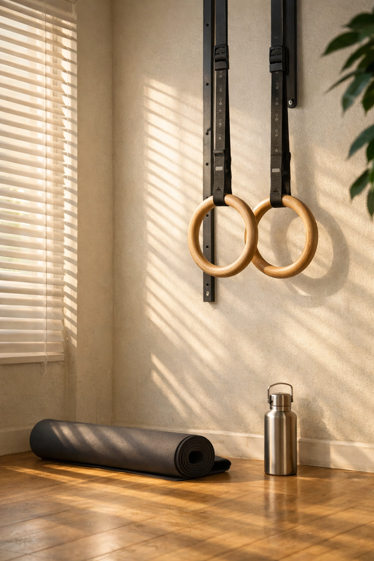 Ready-to-use floor to ceiling gym setup with gymnastic rings and yoga mat for consistent bodyweight training at home.