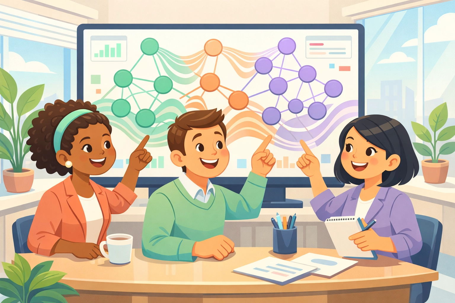 Team members collaborating around unified dashboard for real-time project management and productivity