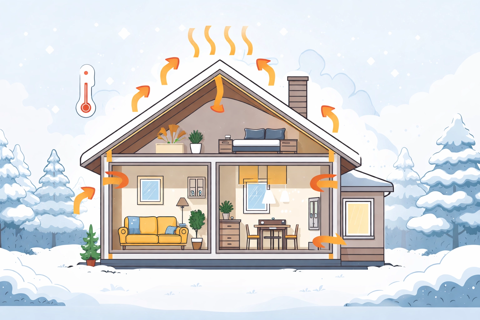 Illustration of heat escaping from a home through roof, walls, and windows, highlighting energy loss and insulation needs.