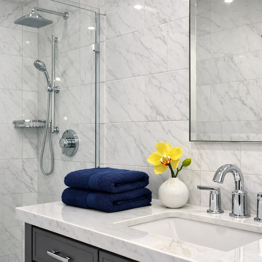 Immaculate marble bathroom with deep-cleaned grout and sparkling chrome fixtures in a North Shore home.