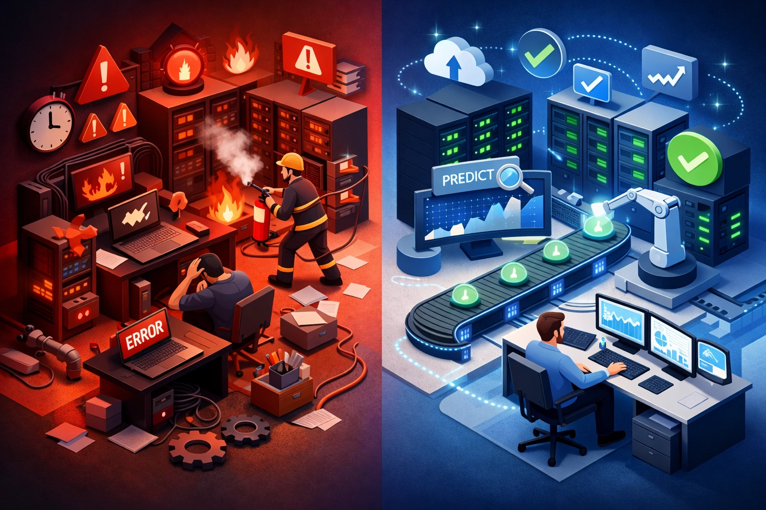 Reactive vs proactive ITOM strategy comparison showing predictive automation benefits