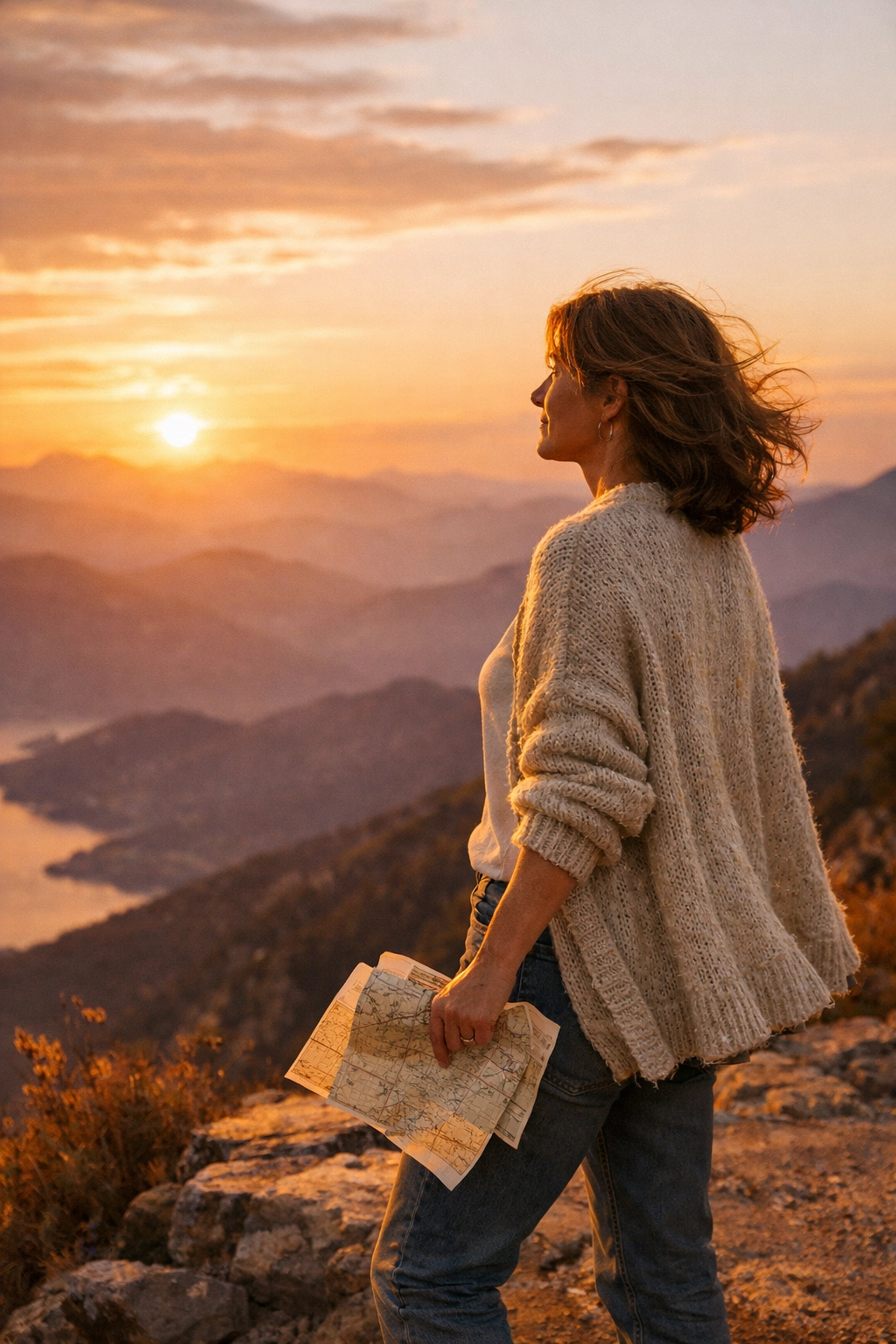 Woman in her 40s looking at a horizon while holding a map, choosing an intentional life path over a destination.