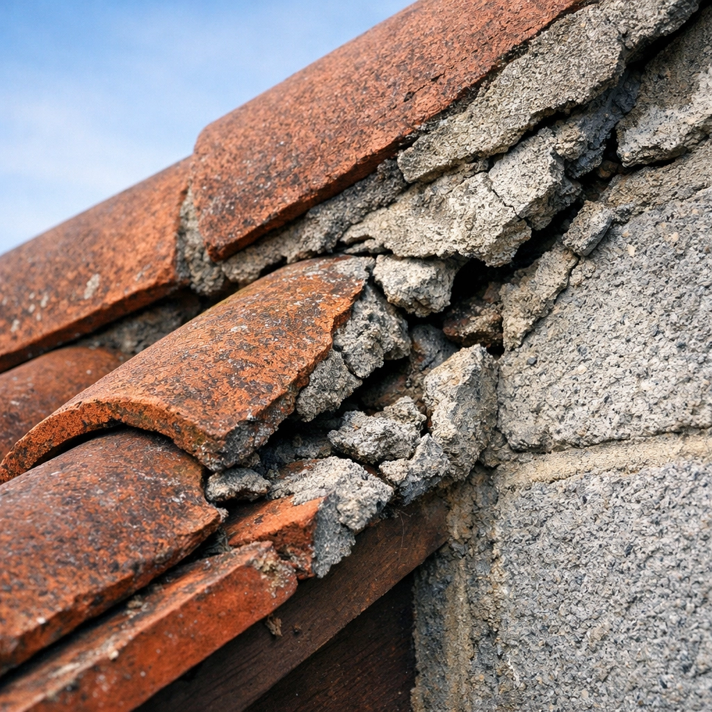 Cracked and crumbling mortar on roof verge showing signs of failure