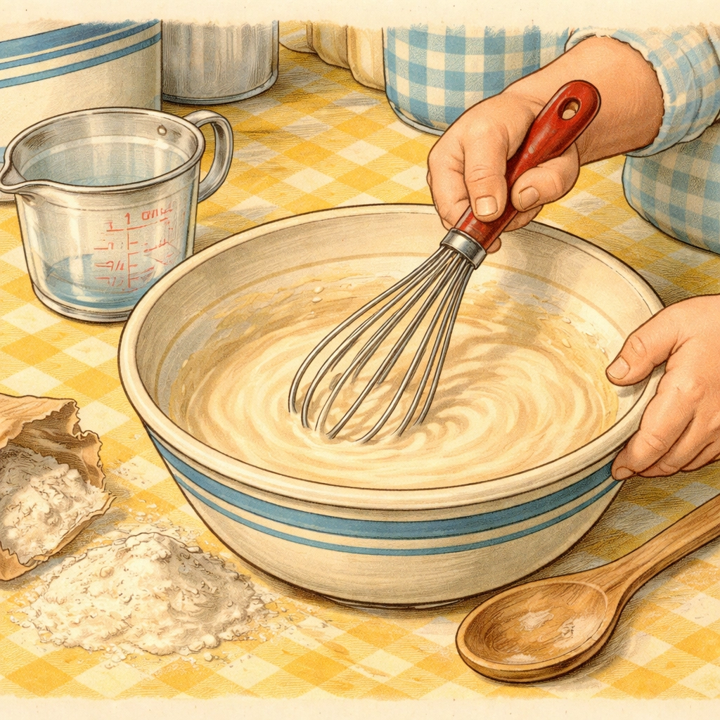 Close-up of a child whisking flour and water together in a bowl to make homemade craft glue.