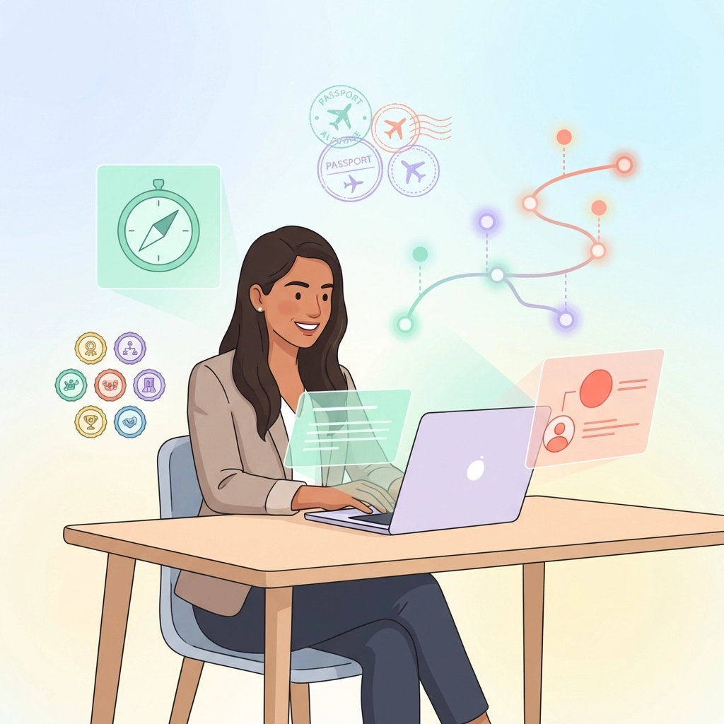 Young professional woman mapping her global career path with digital tools and international career skills