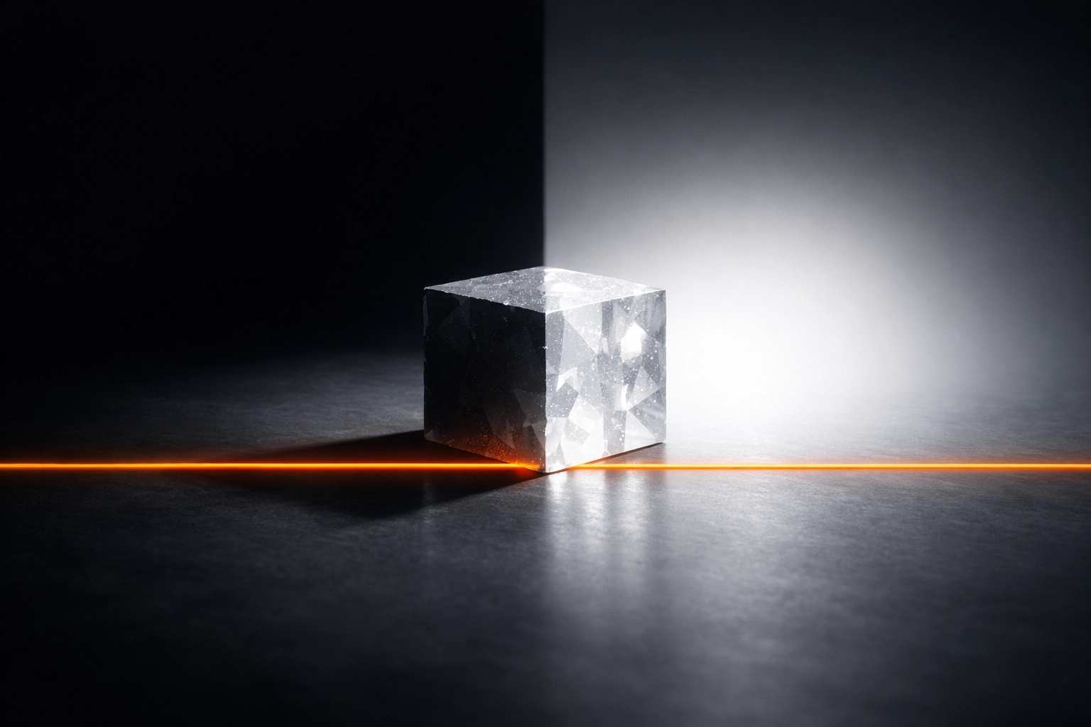 Crystalline ingredient cube crossing a regulatory threshold into light, representing 2026 GRAS reform transparency requirements