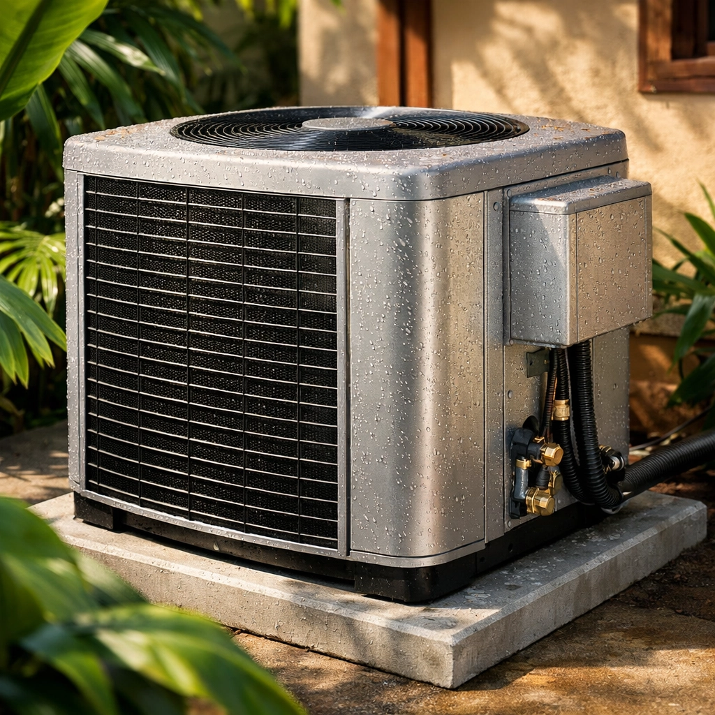 Modern air conditioning condenser unit with R-32 refrigerant at Hawaiian property