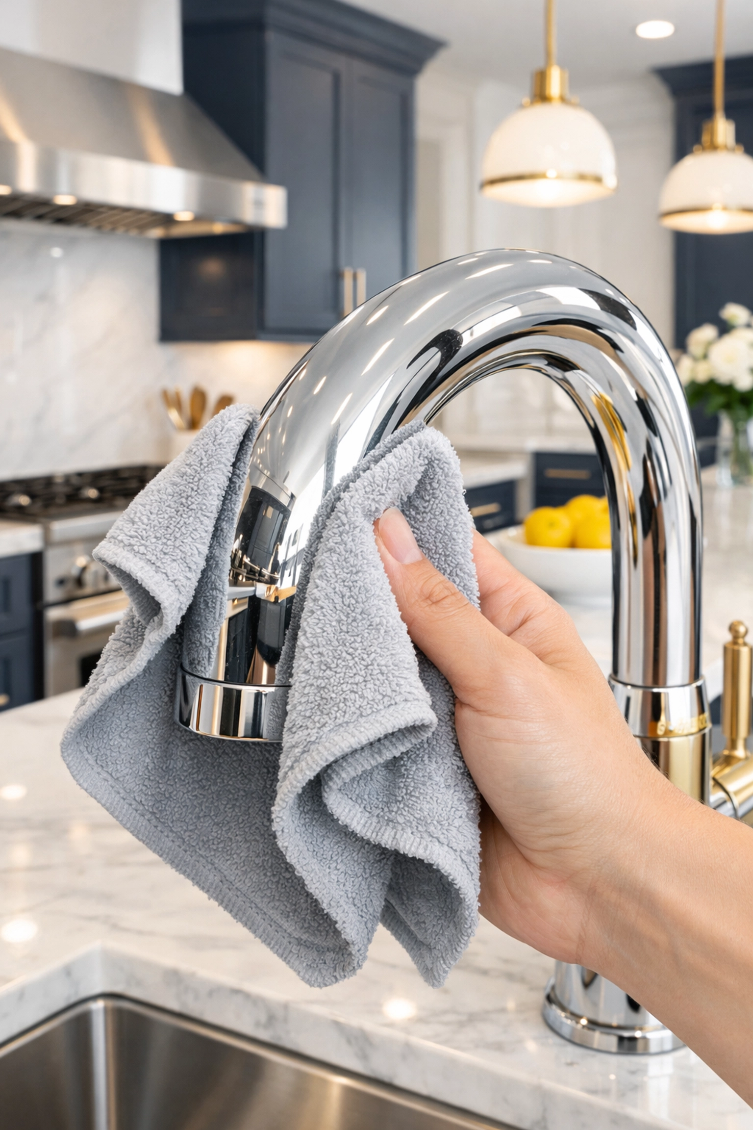 Detailed post construction cleaning of a luxury kitchen faucet and marble countertops in Hopkinton.