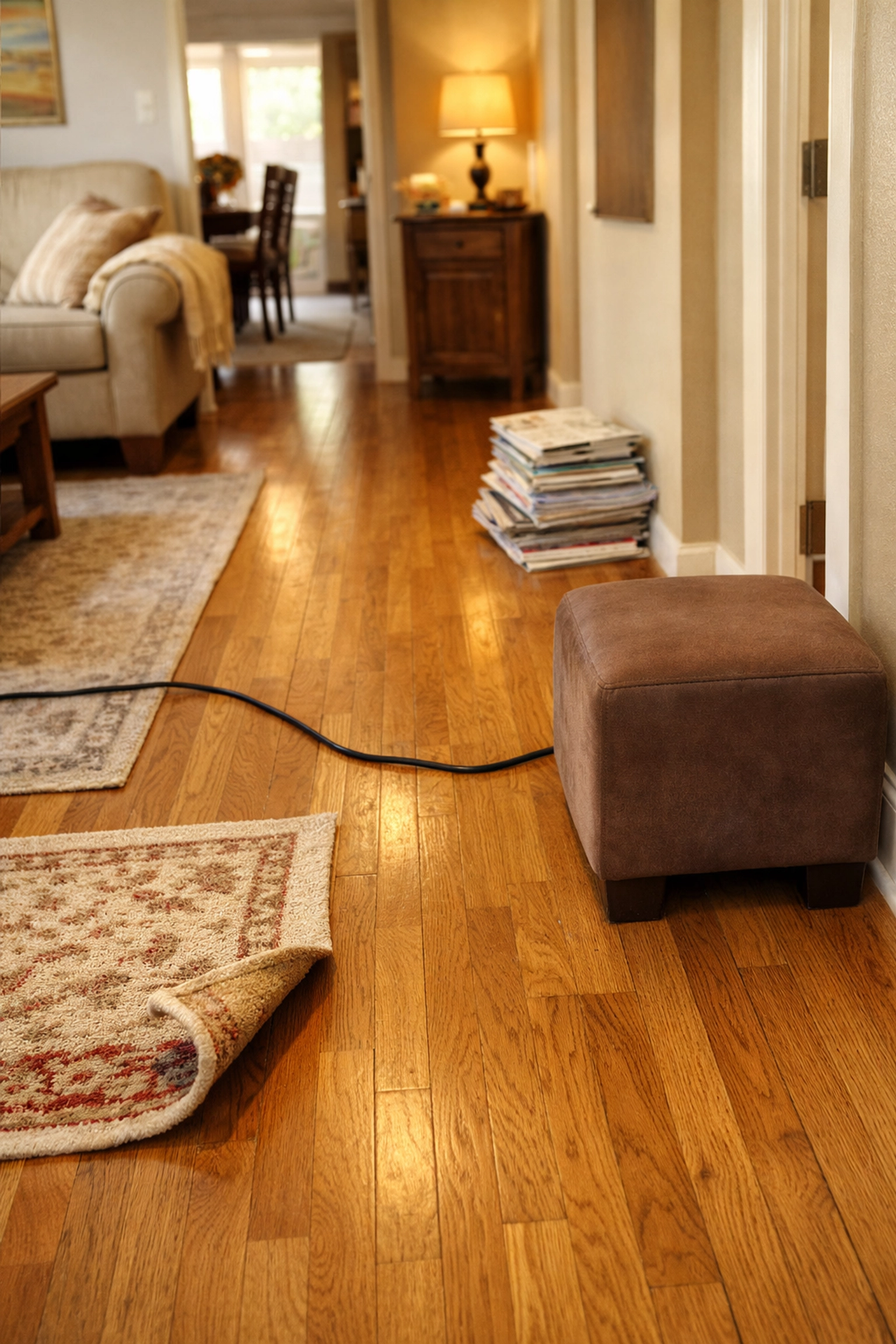 Living room showing common fall hazards like throw rugs and clutter
