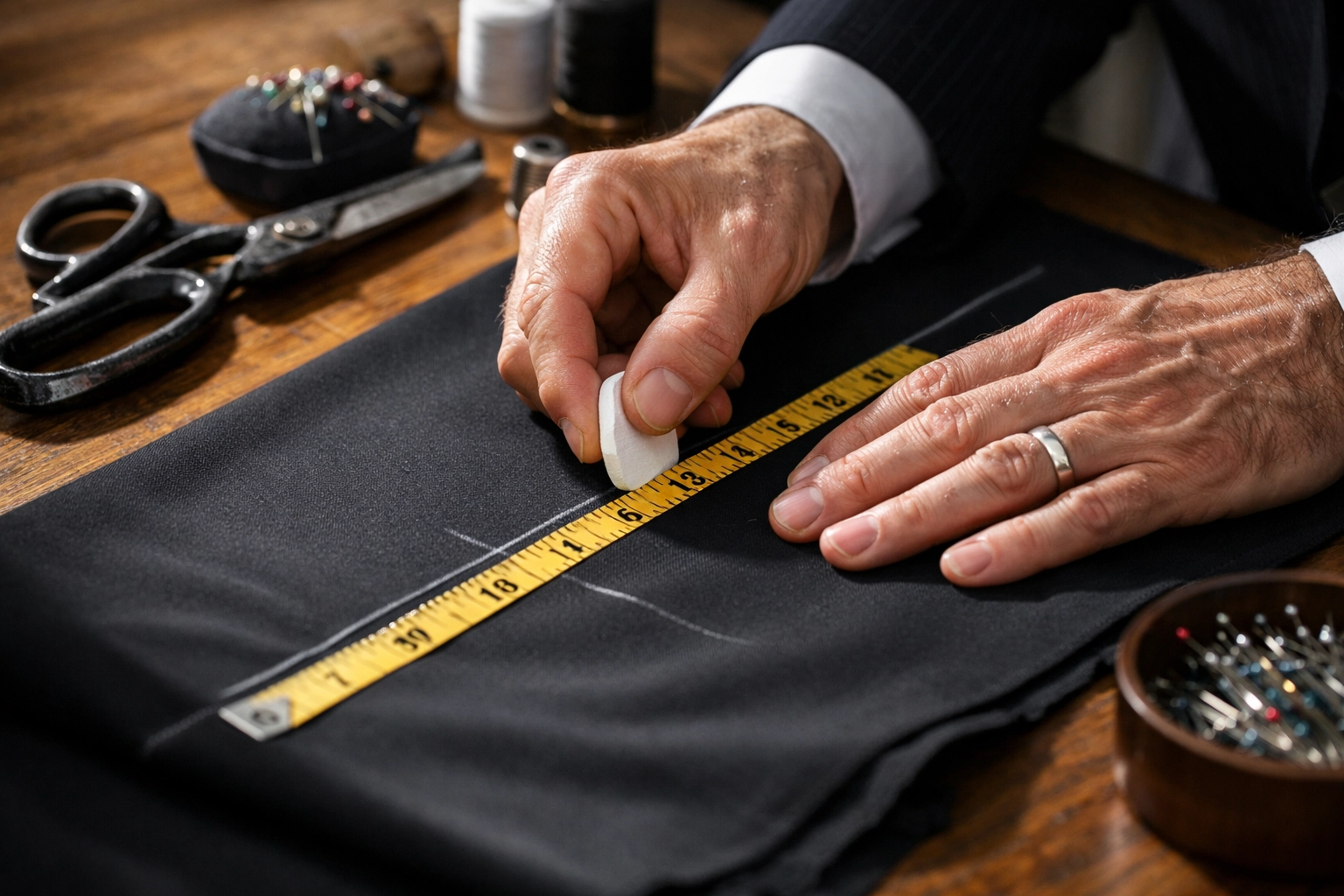 Professional tailor measuring black tuxedo fabric with tape and chalk