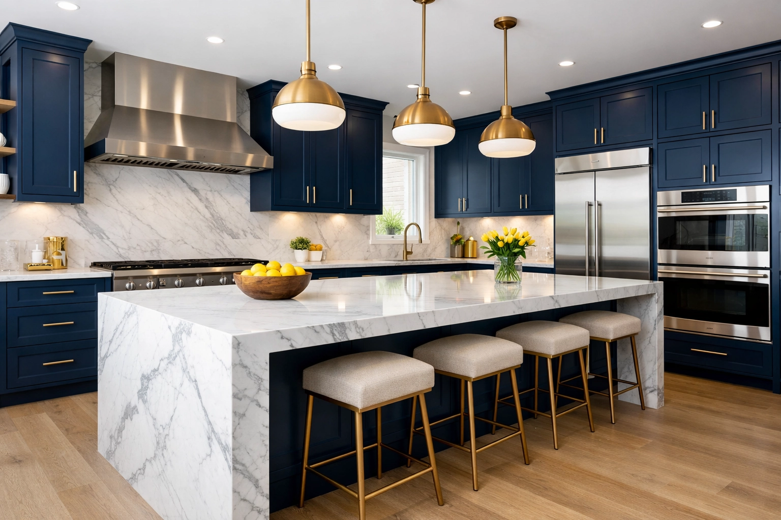 Spotless modern kitchen with marble island cleaned by a luxury house cleaning service in Acton.