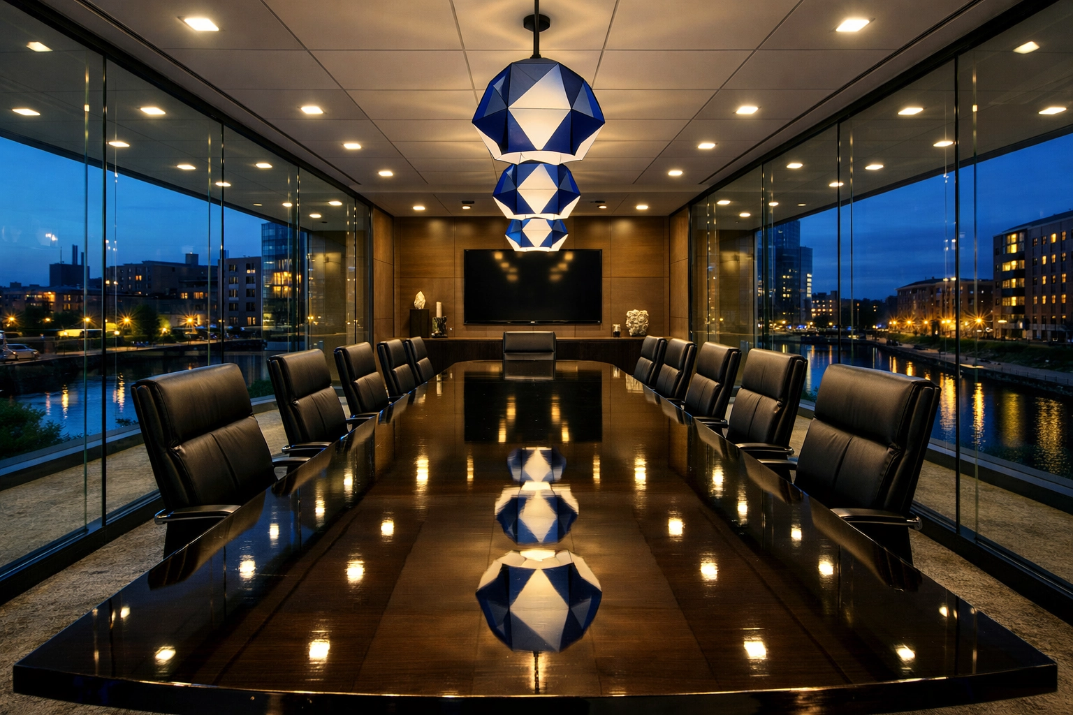 Polished executive conference room table near Polar Park showcasing elite Worcester office cleaning standards.