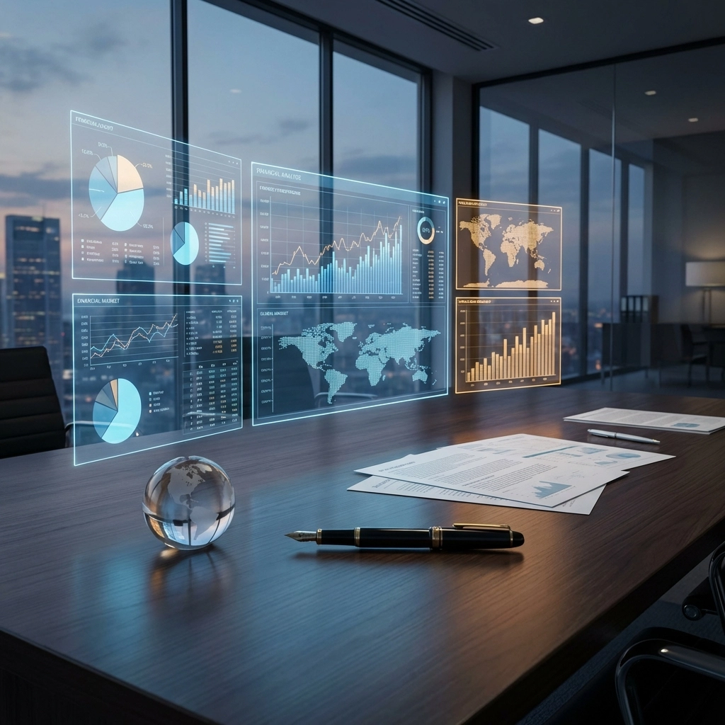 Investor’s desk with financial charts and global data, illustrating private equity diversification strategies