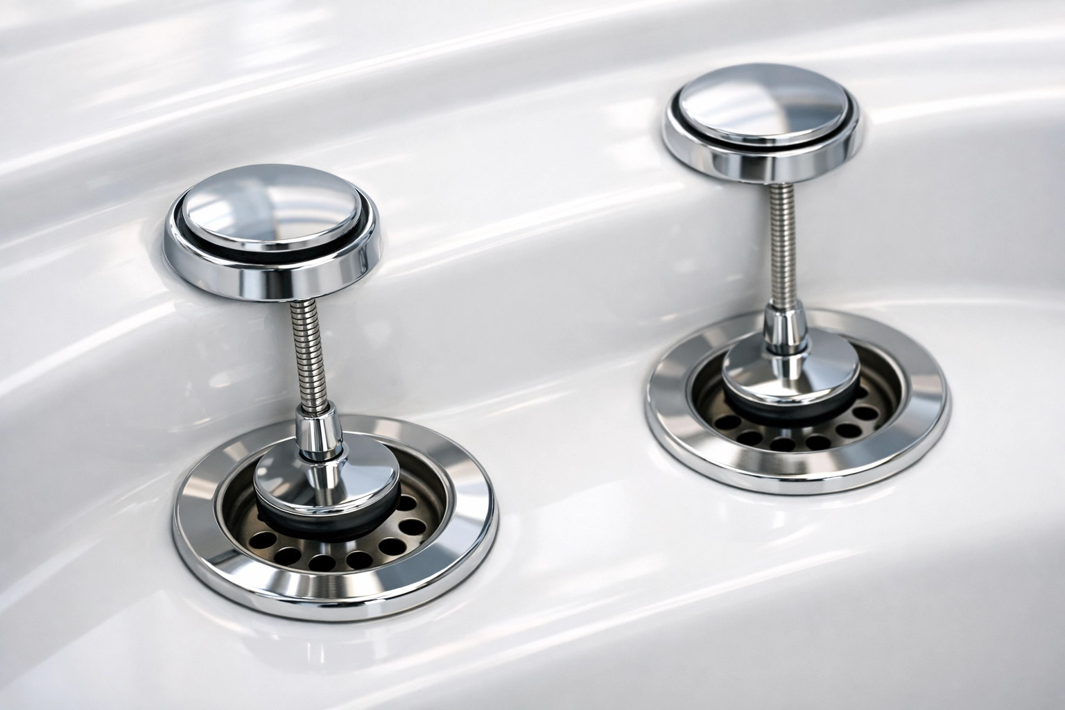 Dual drain system with two 2-inch chrome drains in acrylic walk-in tub