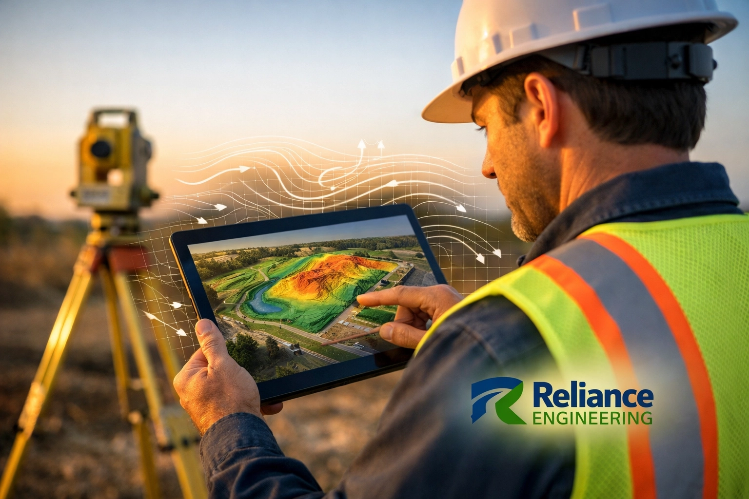 Ontario civil engineer reviewing a digital site grading and servicing plan on a development site.