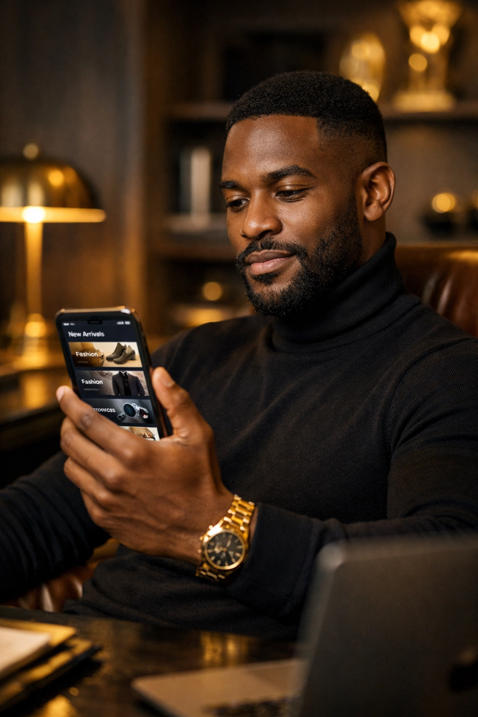A Black male entrepreneur making a strategic modern money move on his smartphone.