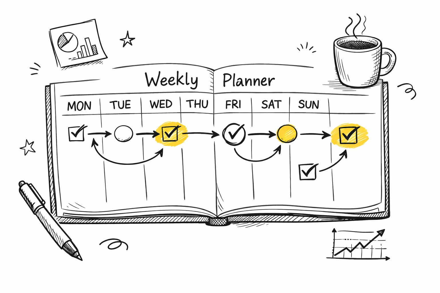 Weekly marketing calendar with monitoring checkpoints and performance tracking notes