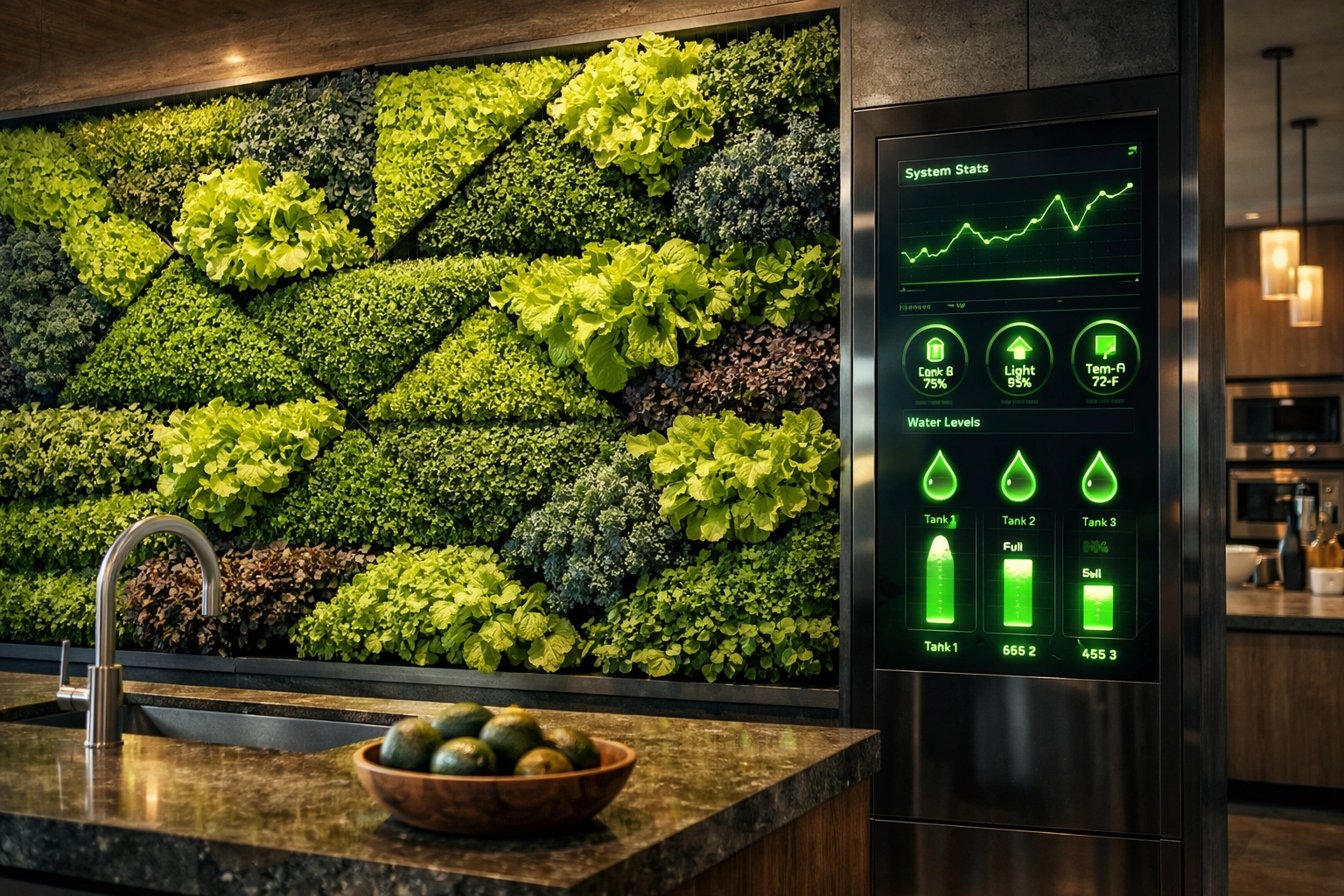 A modular vertical garden wall and smart digital monitoring dashboard in a modern kitchen.