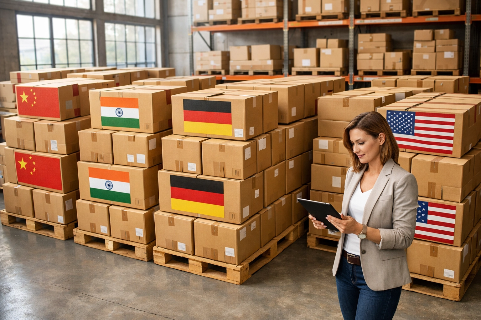Warehouse manager reviewing international inventory from global suppliers on tablet