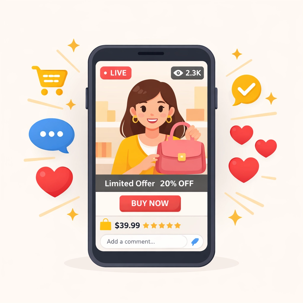 Live shopping platform mobile interface with shopping cart, engagement icons, and chat features