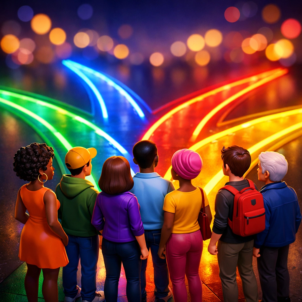 Multiple colorful pathways representing diverse relationship choices and ethical non-monogamy options