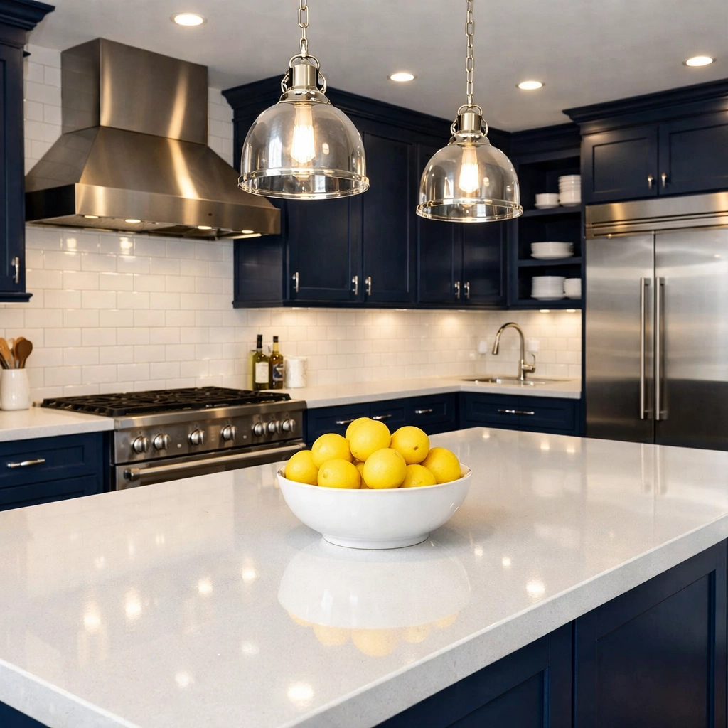 A sparkling kitchen with polished countertops maintained by bi-weekly house cleaning services.
