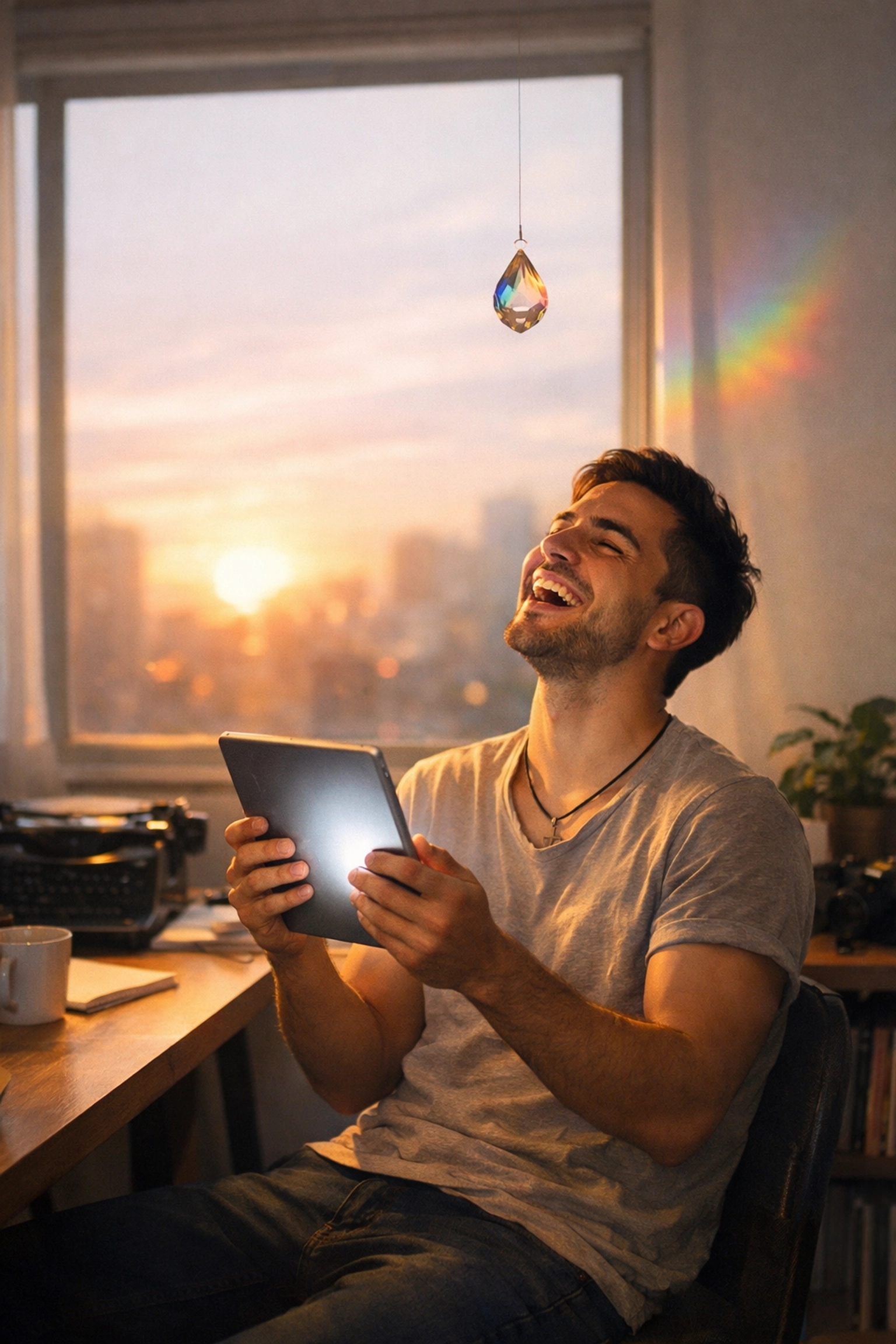 Empowered queer author celebrating the publication of his gay romance novel in a sunlit home office.