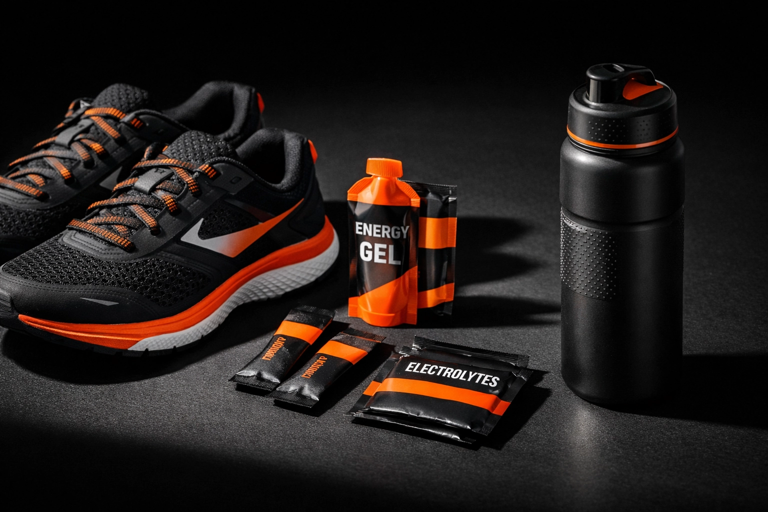 Marathon race essentials including running shoes, hydration bottle, energy gels, and nutrition