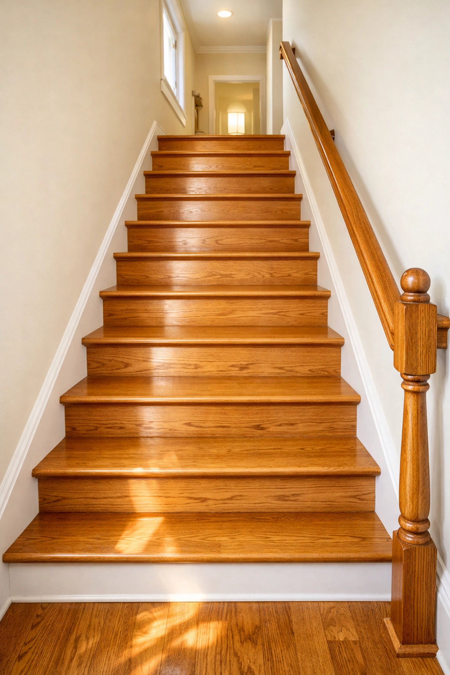 Clean, clutter-free staircase with handrail demonstrating safe home stair environment