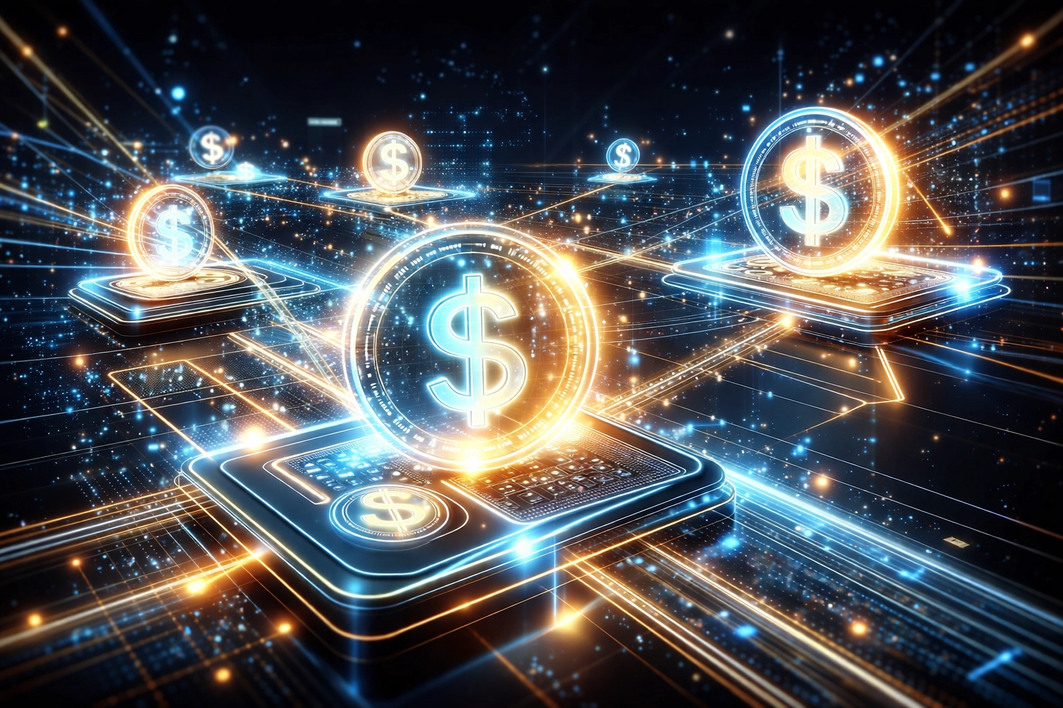 Digital stablecoin tokens moving through a global blockchain network, illustrating instant LUSD Web3 payments