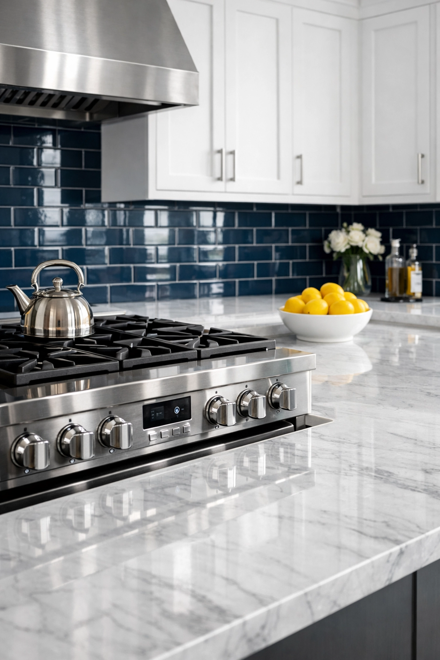 Impeccably clean modern luxury kitchen with white marble island and stainless steel stovetop.