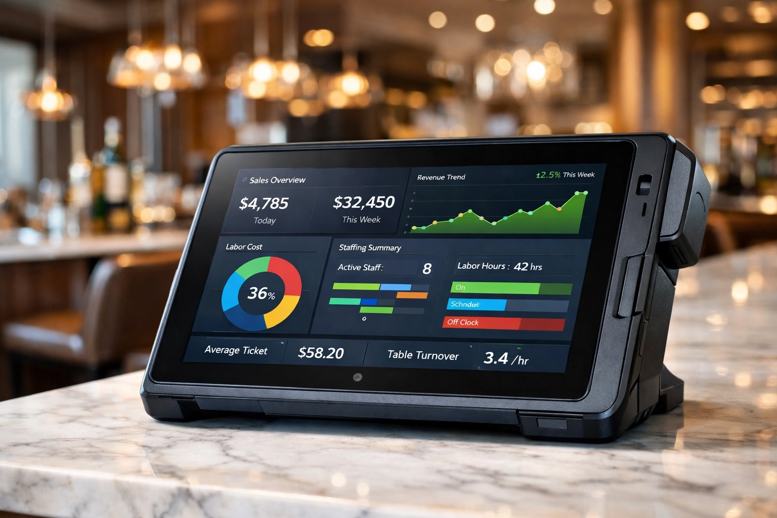 Handheld restaurant POS tablet showing sales data and growth metrics for informed restaurant investment decisions.