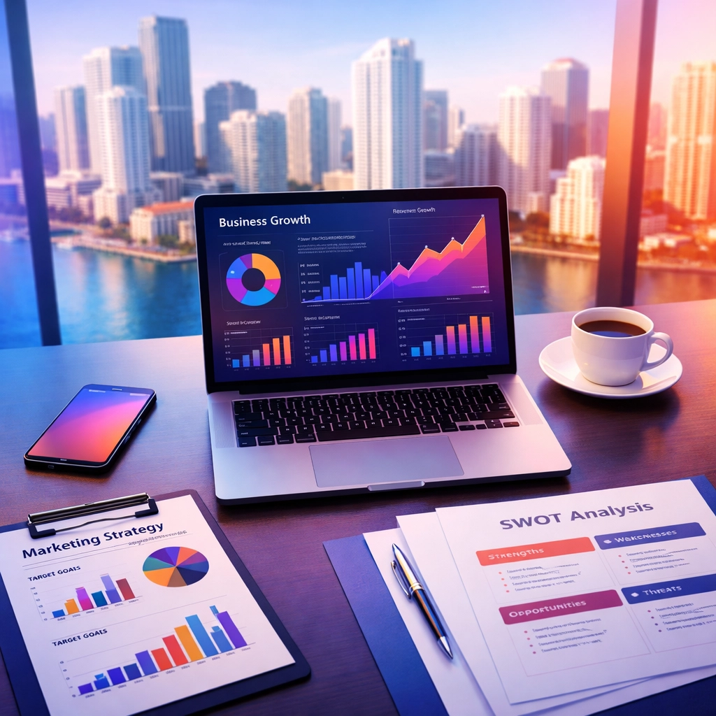 Miami executive desk with marketing analytics and Brickell skyline showing fractional CMO strategy