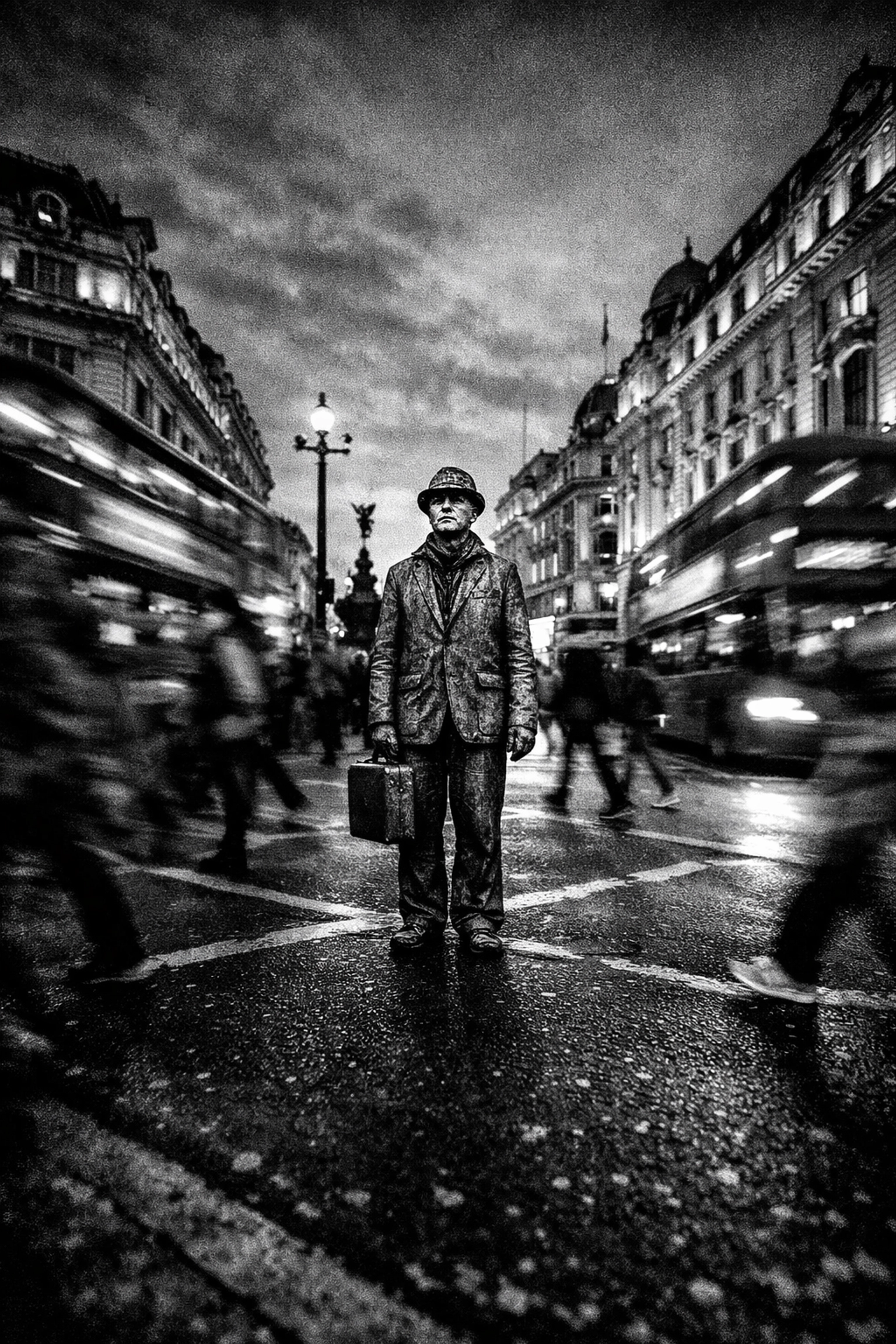 Black and white street scene with motion blur taken with a manual mode camera setup.