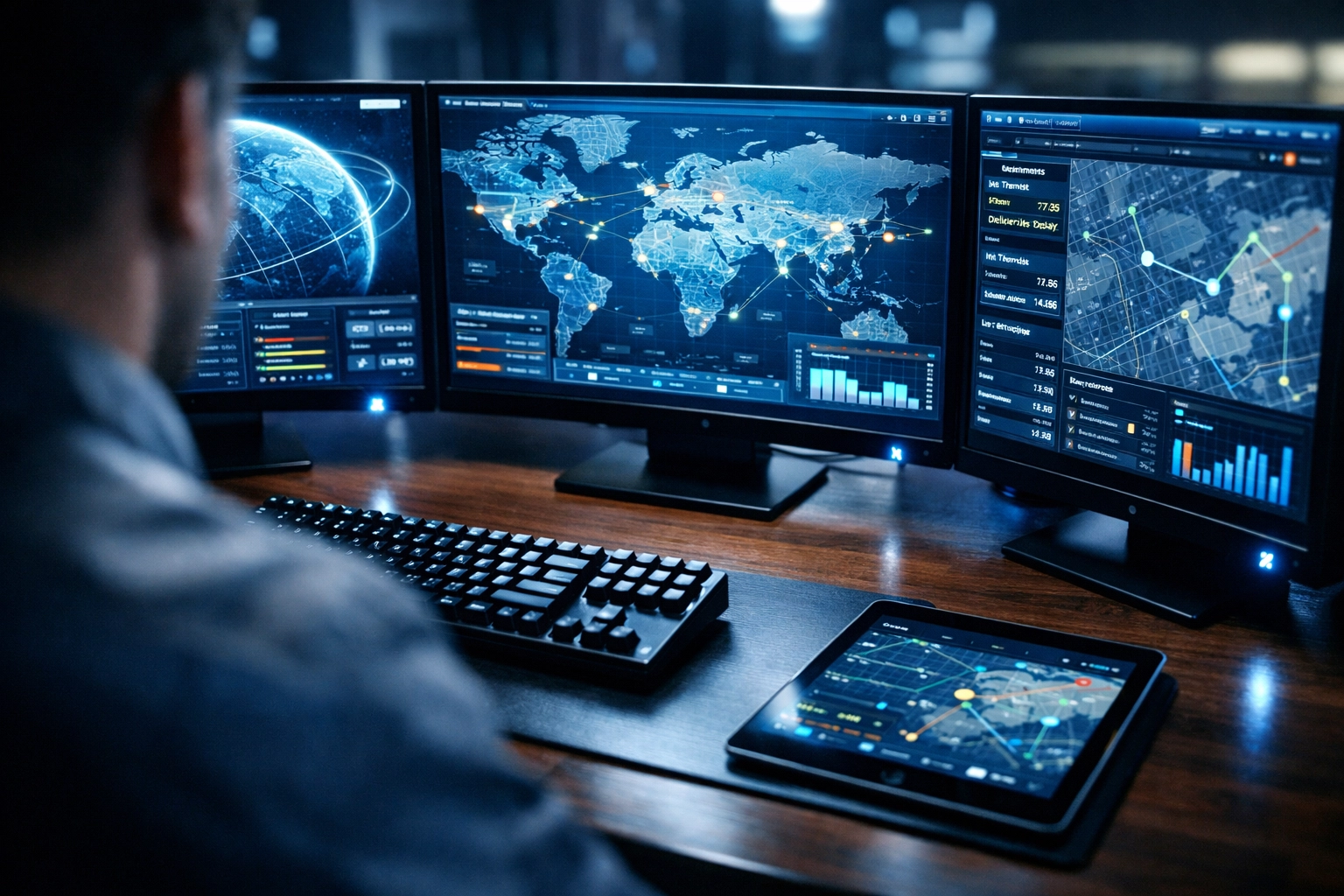 High-tech logistics command center pod with multiple monitors showing real-time global supply chain data.