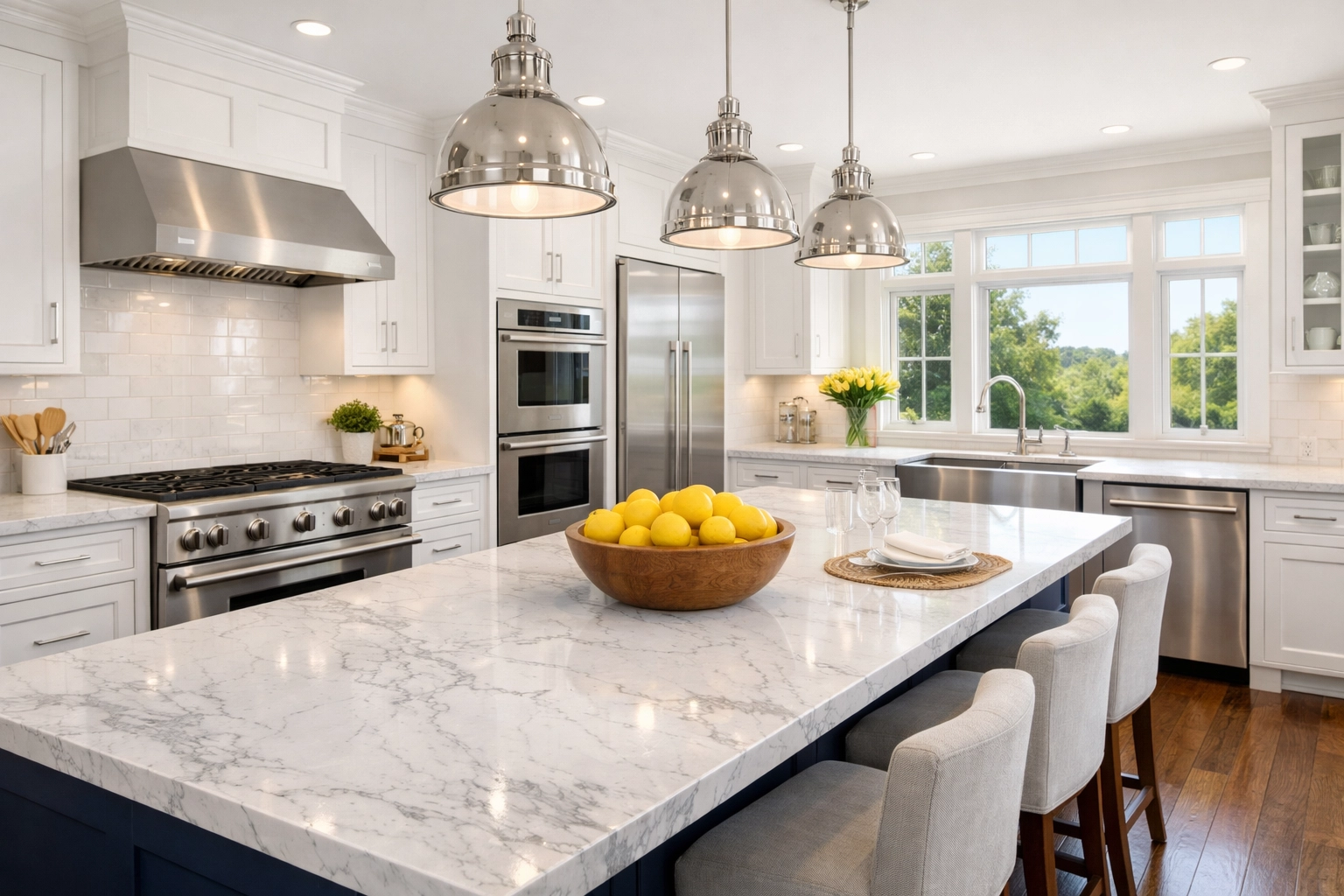 Professional deep house cleaning in a Dunstable MA kitchen with sparkling white marble countertops and hardwood floors.