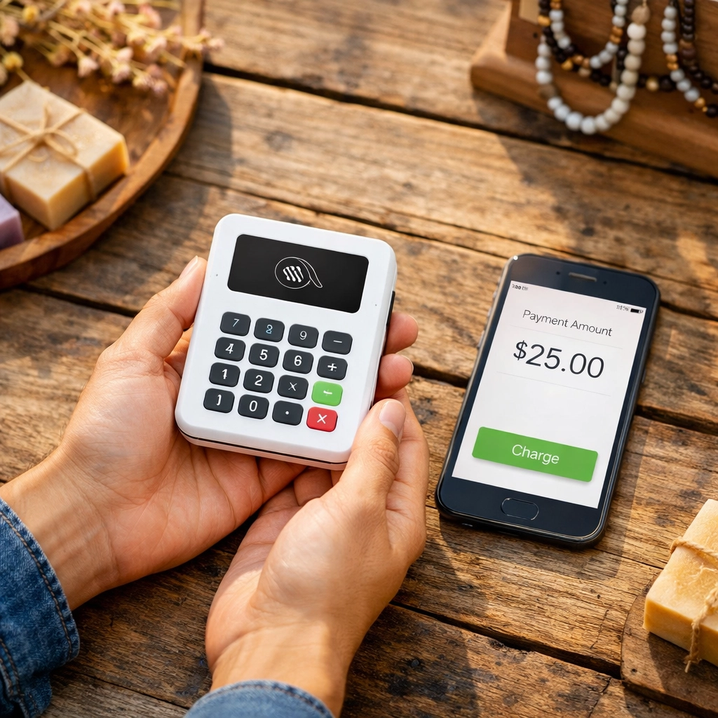 Small business owner using SumUp mobile card reader for payments at market stall