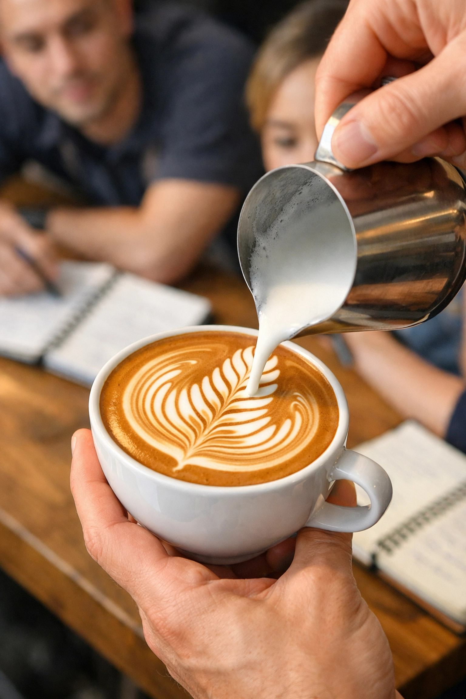 Professional barista demonstrating advanced latte art technique during training