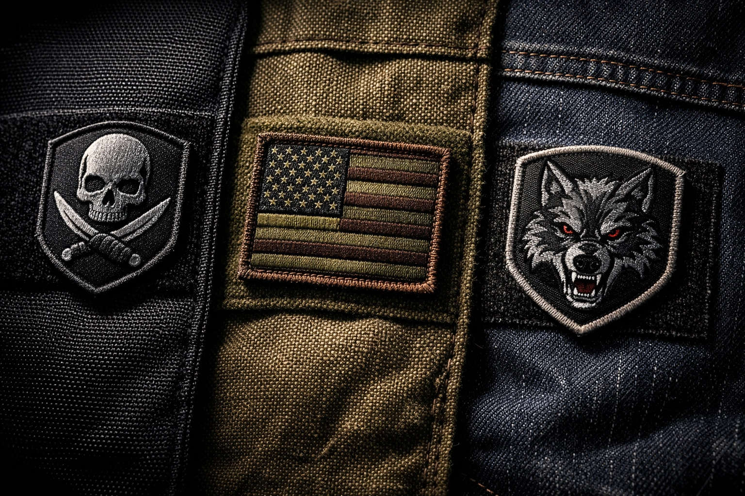 Tactical morale patches attached to nylon, canvas, and denim fabrics